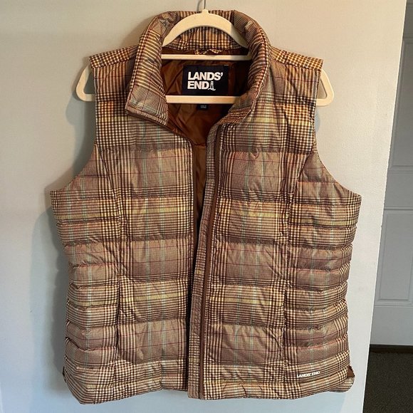 Lands' End Jackets & Blazers - Lands End Down Puffer Vest Women's Large (14-16) Brown Purple White Plaid